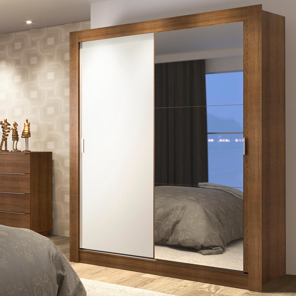 Guarda-Roupa Solteiro Madesa Dallas Plus 2 Portas de Correr com Espelho 4 Gavetas Rustic/Branco