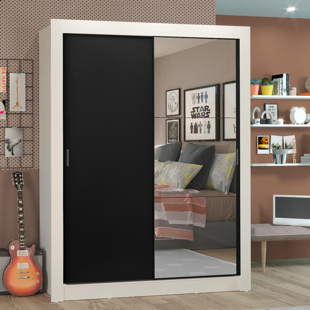 Guarda-Roupa Solteiro Madesa Denver 2 Portas de Correr com Espelho Branco/Preto