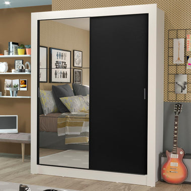 Guarda-Roupa Solteiro Madesa Dallas Plus 2 Portas de Correr com Espelho 4 Gavetas Branco/Preto