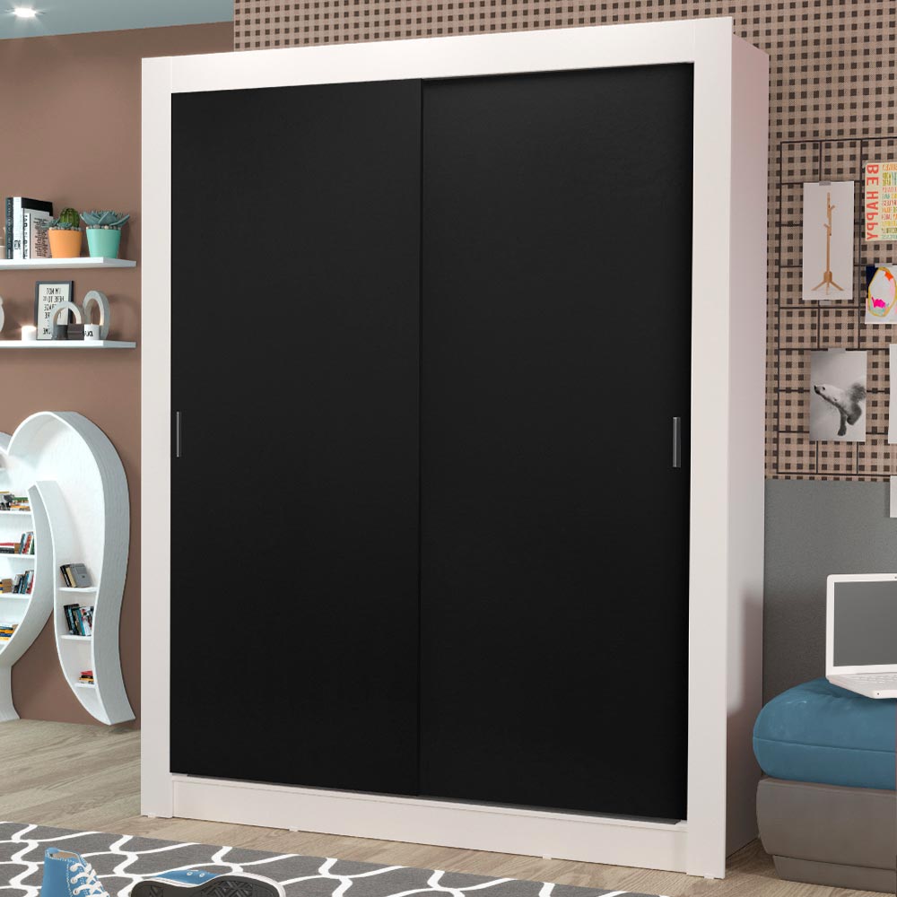 Guarda-Roupa Solteiro Madesa Dallas Plus 2 Portas de Correr 4 Gavetas Branco/Preto