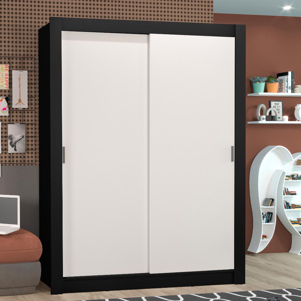 Guarda-Roupa Solteiro Madesa Denver 2 Portas de Correr Preto/Branco
