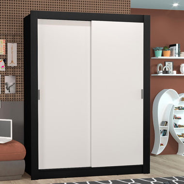 Guarda-Roupa Solteiro Madesa Denver 2 Portas de Correr Preto/Branco