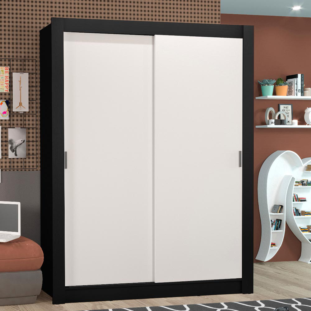 Guarda-Roupa Solteiro Madesa Denver 2 Portas de Correr Preto/Branco