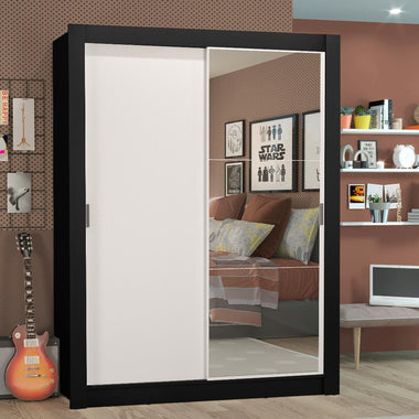 Guarda-Roupa Solteiro Madesa Denver 2 Portas de Correr com Espelho Preto/Branco