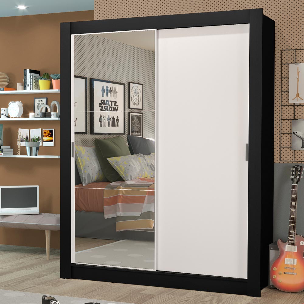 Guarda-Roupa Solteiro Madesa Dallas Plus 2 Portas de Correr com Espelho 4 Gavetas Preto/Branco