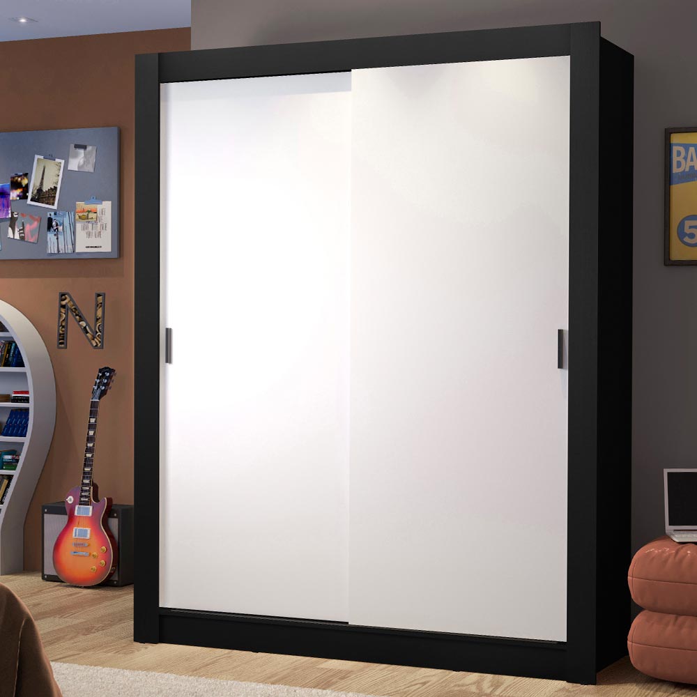 Guarda-Roupa Solteiro Madesa Dallas 2 Portas de Correr 2 Gavetas Preto/Branco