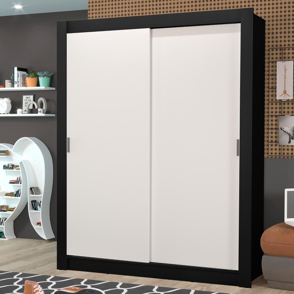 Guarda-Roupa Solteiro Madesa Dallas Plus 2 Portas de Correr 4 Gavetas Preto/Branco