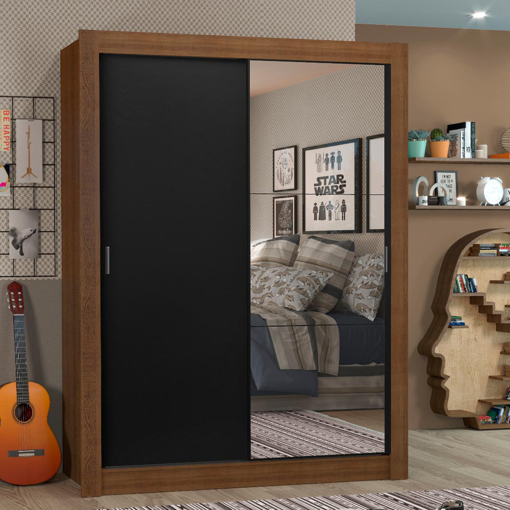 Guarda-Roupa Solteiro Madesa Denver 2 Portas de Correr com Espelho Rustic/Preto