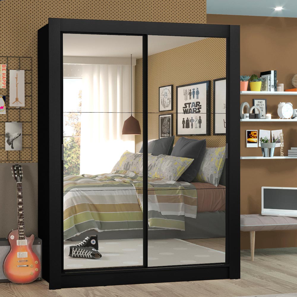 Guarda-Roupa Solteiro Madesa Denver 2 Portas de Correr de Espelho Preto