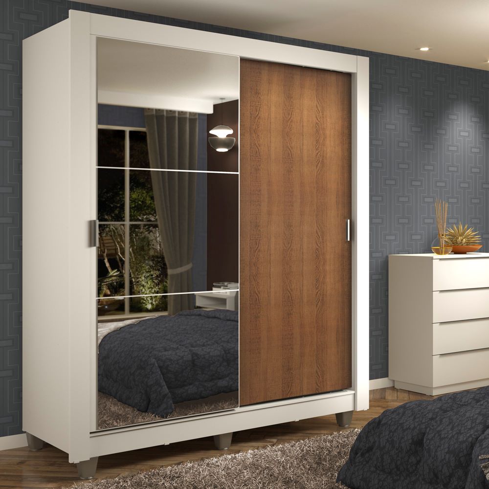 Guarda-Roupa Solteiro Madesa Dallas 2 Portas de Correr com Espelho 2 Gavetas com Pés Branco/Rustic