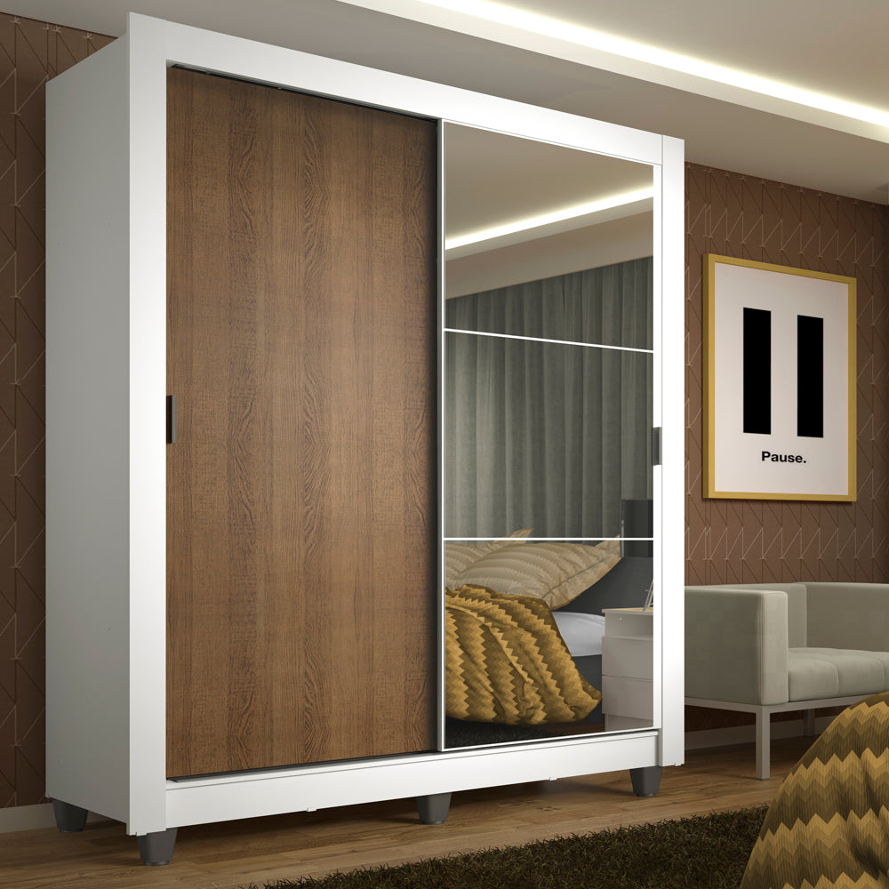 Guarda-Roupa Solteiro Madesa Denver 2 Portas de Correr com Espelho com Pés Branco/Rustic