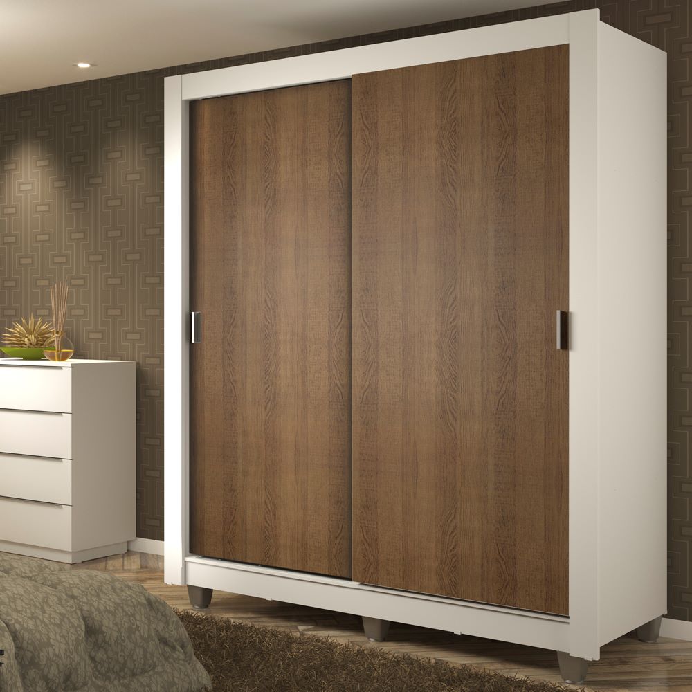 Guarda-Roupa Solteiro Madesa Dallas Plus 2 Portas de Correr 4 Gavetas com Pés Branco/Rustic