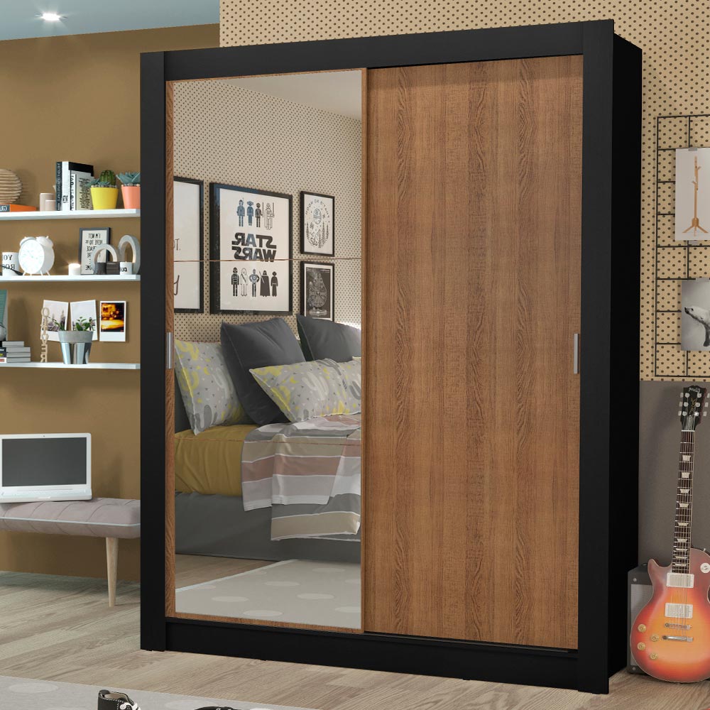 Guarda-Roupa Solteiro Madesa Dallas Plus 2 Portas de Correr com Espelho 4 Gavetas Preto/Rustic