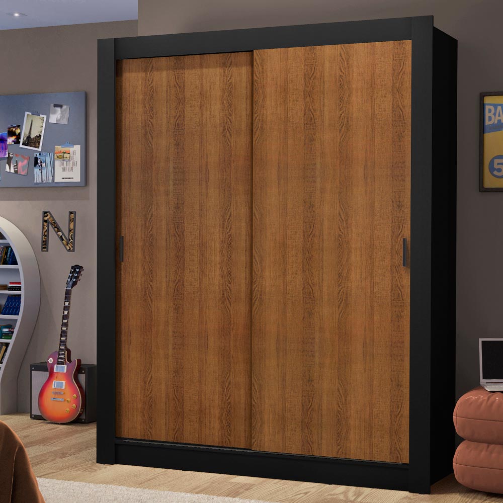 Guarda-Roupa Solteiro Madesa Dallas 2 Portas de Correr 2 Gavetas Preto/Rustic