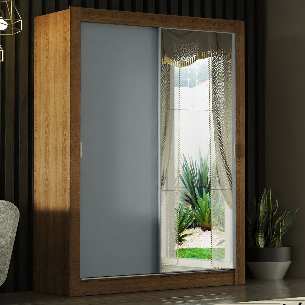 Guarda-Roupa Solteiro Madesa Denver 2 Portas de Correr com Espelho Rustic/Cinza