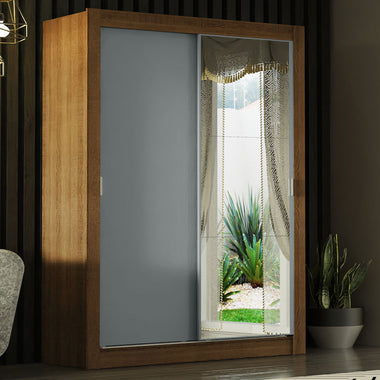 Guarda-Roupa Solteiro Madesa Denver 2 Portas de Correr com Espelho Rustic/Cinza