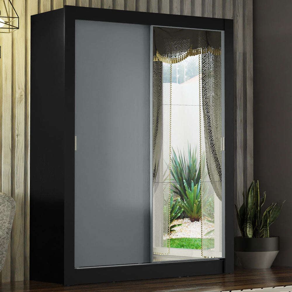 Guarda-Roupa Solteiro Madesa Denver 2 Portas de Correr com Espelho Preto/Cinza