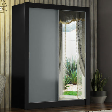 Guarda-Roupa Solteiro Madesa Denver 2 Portas de Correr com Espelho Preto/Cinza