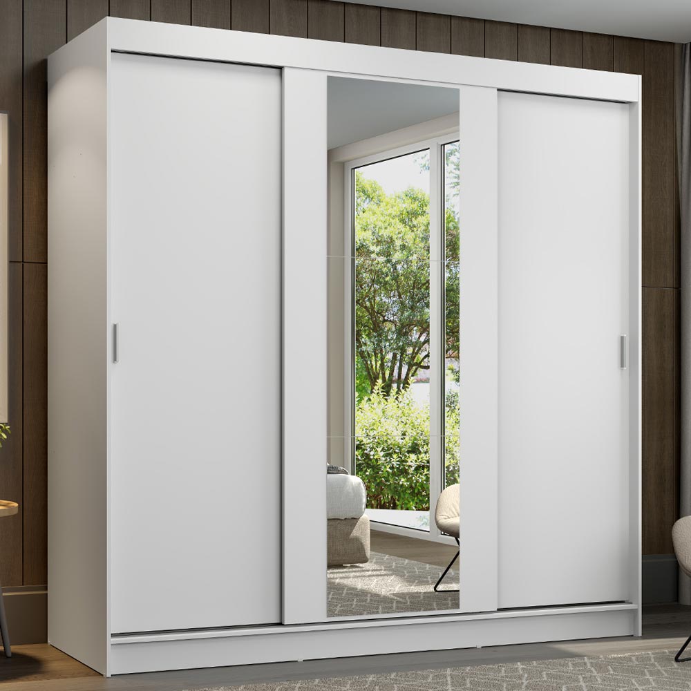 Guarda-Roupa Casal 3 Portas de Correr com Espelho Branco Madesa Reno