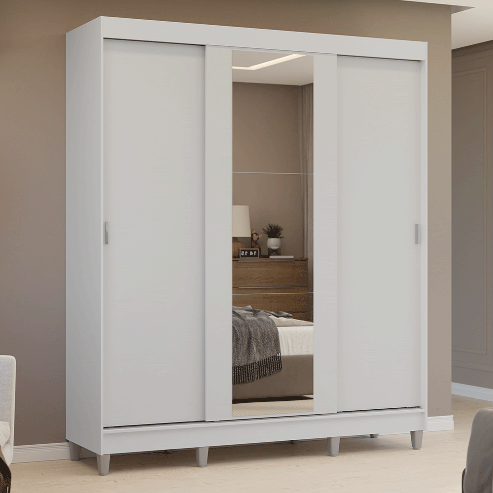 Guarda-Roupa Casal com Pés 3 Portas de Correr com Espelho Branco Reno Madesa