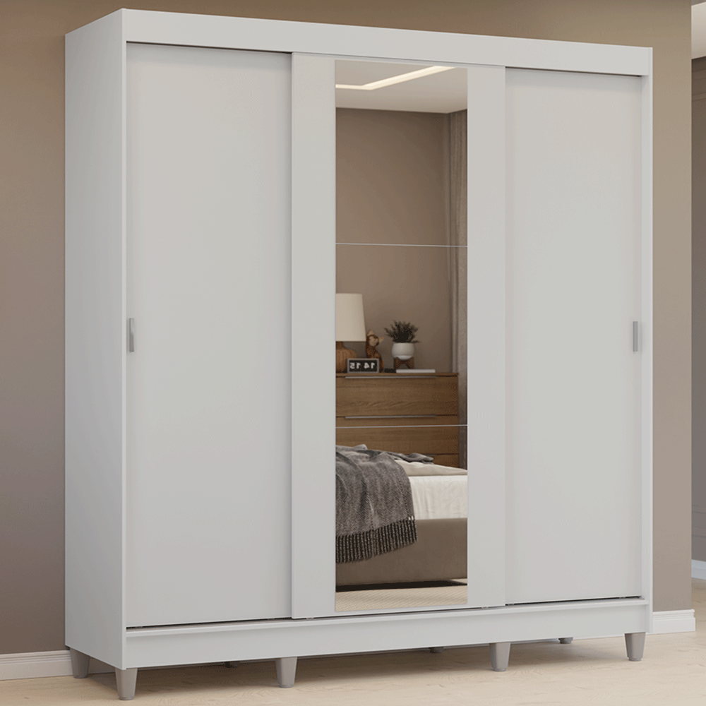 Guarda-Roupa Casal com Pés 3 Portas de Correr com Espelho Branco Reno Madesa