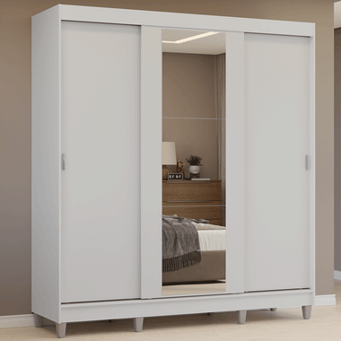 Guarda-Roupa Casal com Pés 3 Portas de Correr com Espelho Branco Reno Madesa