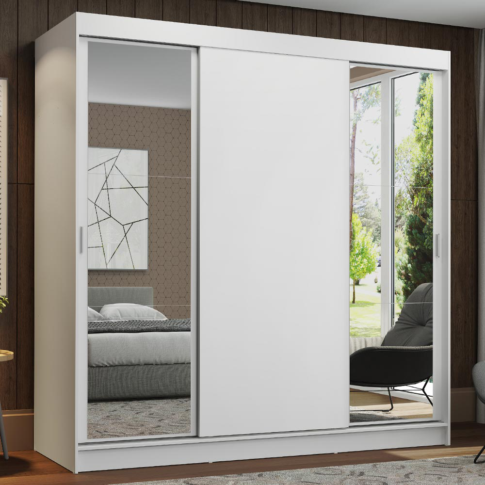 Guarda-Roupa Casal Madesa Reno 3 Portas de Correr com Espelhos Branco