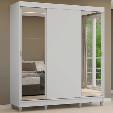 Guarda-Roupa Casal com Pés 3 Portas de Correr com Espelhos Branco Reno Madesa