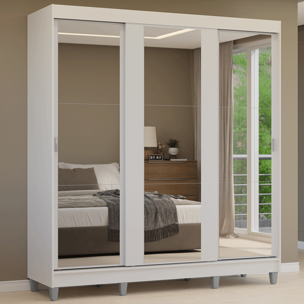 Guarda-Roupa Casal com Pés 3 Portas de Correr de Espelho Branco Reno Madesa