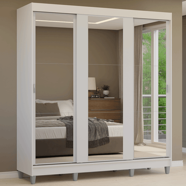 Guarda-Roupa Casal com Pés 3 Portas de Correr de Espelho Branco Reno Madesa