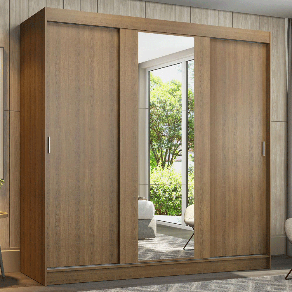 Guarda-Roupa Casal 3 Portas de Correr com Espelho Rustic Madesa Reno