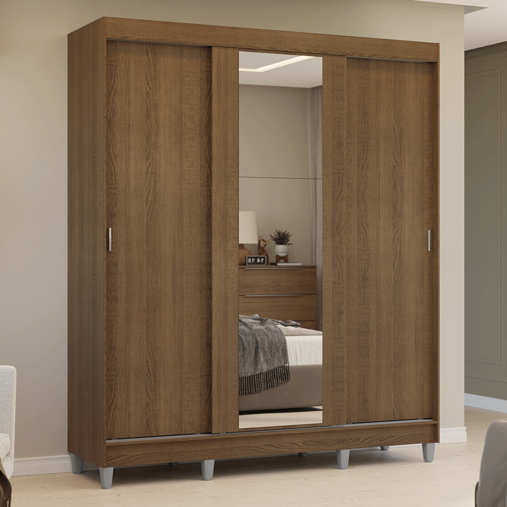 Guarda-Roupa Casal com Pés 3 Portas de Correr com Espelho Rustic Reno Madesa