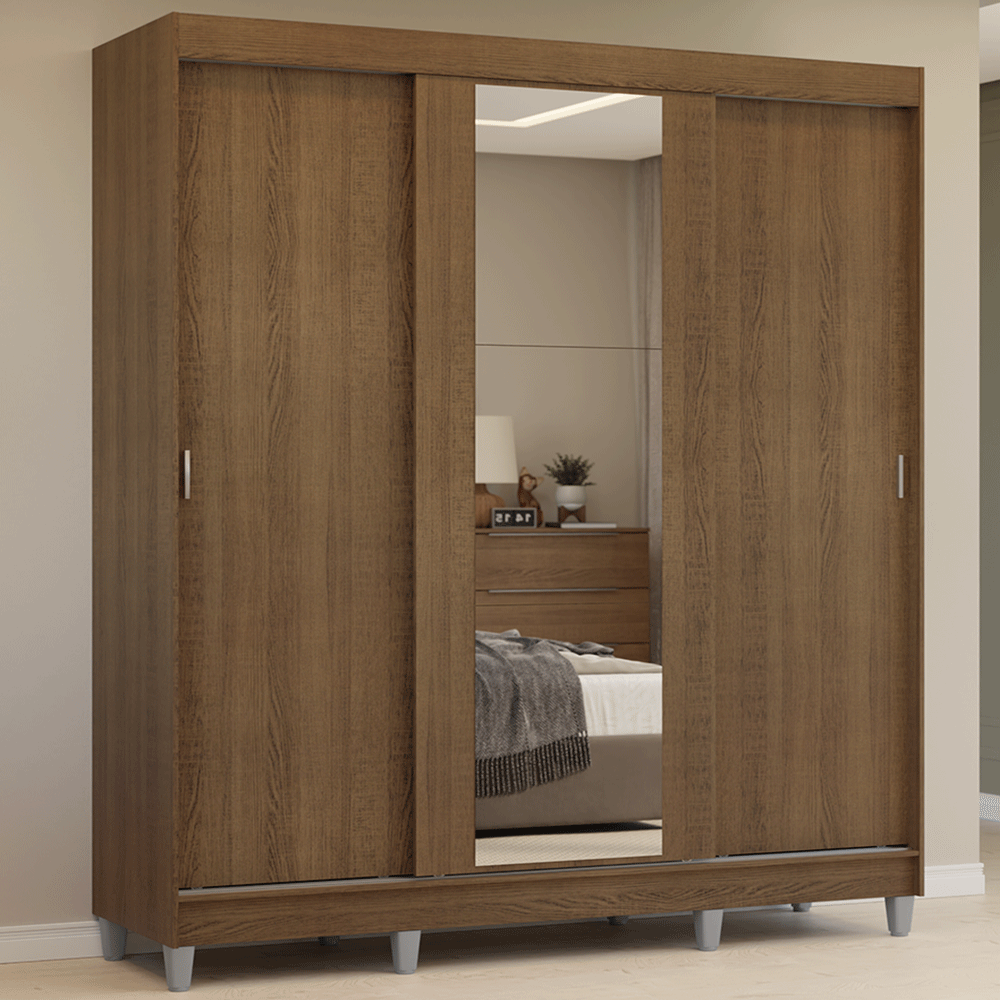 Guarda-Roupa Casal com Pés 3 Portas de Correr com Espelho Rustic Reno Madesa