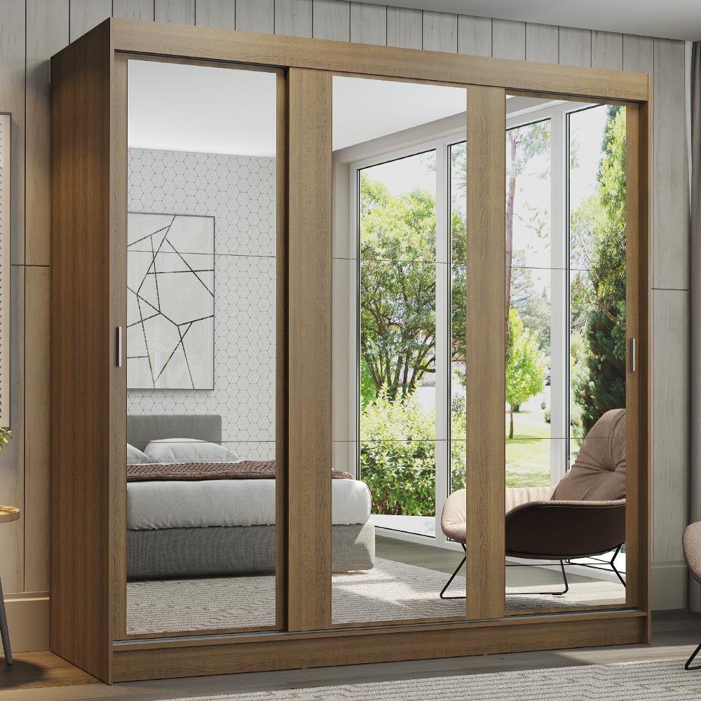 Guarda-Roupa Casal Madesa Reno 3 Portas de Correr de Espelho Rustic