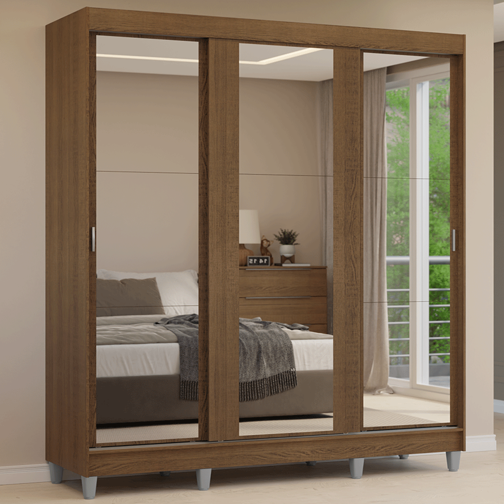 Guarda-Roupa Casal com Pés 3 Portas de Correr de Espelho Rustic Reno Madesa