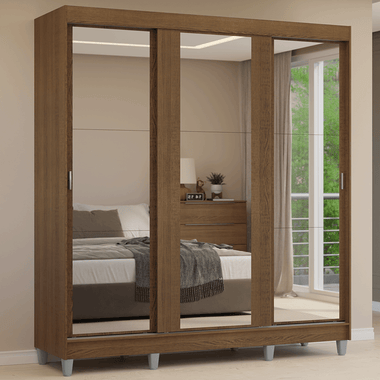 Guarda-Roupa Casal com Pés 3 Portas de Correr de Espelho Rustic Reno Madesa