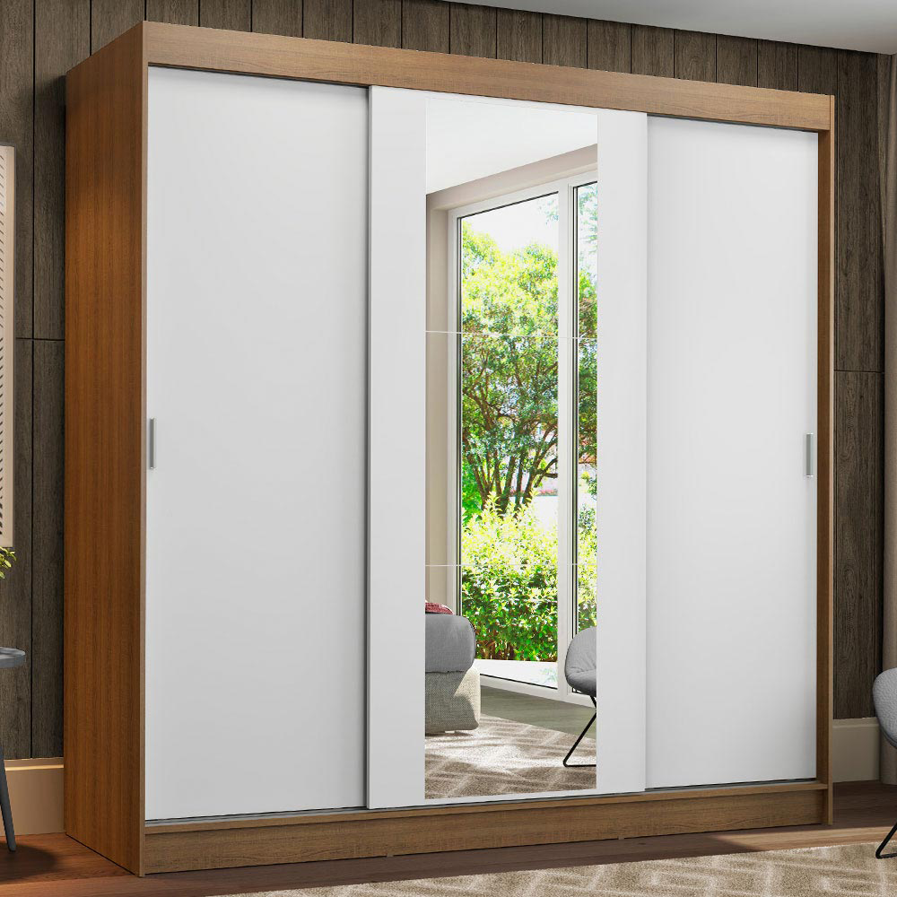 Guarda-Roupa Casal 3 Portas de Correr com Espelho Rustic/Branco Madesa Reno