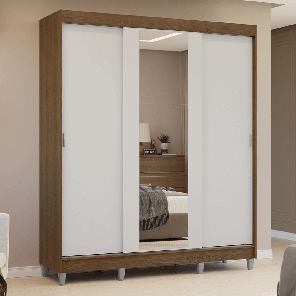 Guarda-Roupa Casal com Pés 3 Portas de Correr com Espelho Rustic/Branco Reno Madesa