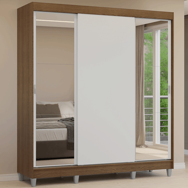 Guarda-Roupa Casal com Pés 3 Portas de Correr com Espelhos Rustic/Branco Reno Madesa