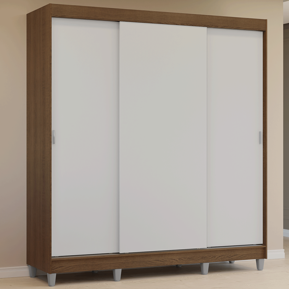 Guarda-Roupa Casal com Pés 3 Portas de Correr Rustic/Branco Reno Madesa