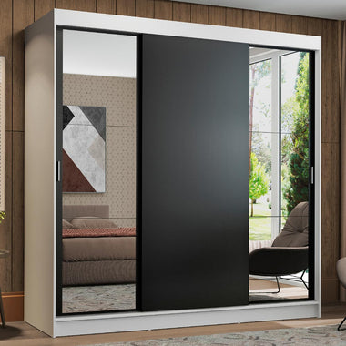 Guarda-Roupa Casal Madesa Reno 3 Portas de Correr com Espelhos Branco/Preto