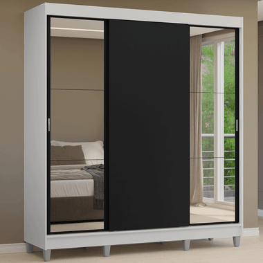 Guarda-Roupa Casal com Pés 3 Portas de Correr com Espelhos Branco/Preto Reno Madesa