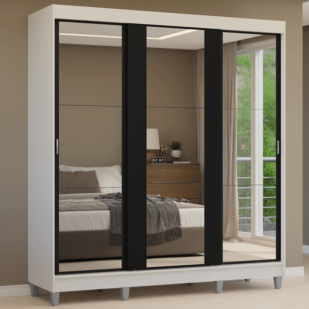 Guarda-Roupa Casal com Pés 3 Portas de Correr de Espelho Branco/Preto Reno Madesa