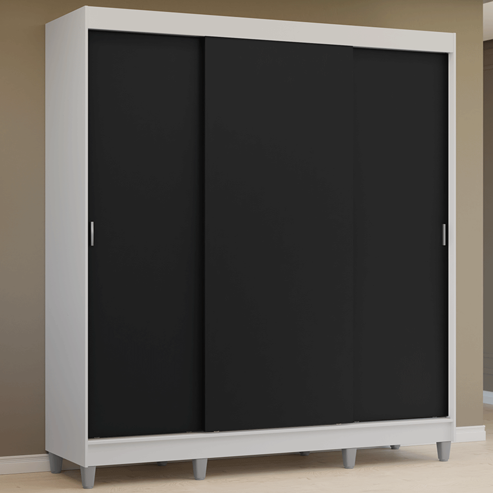 Guarda-Roupa Casal com Pés 3 Portas de Correr Branco/Preto Reno Madesa