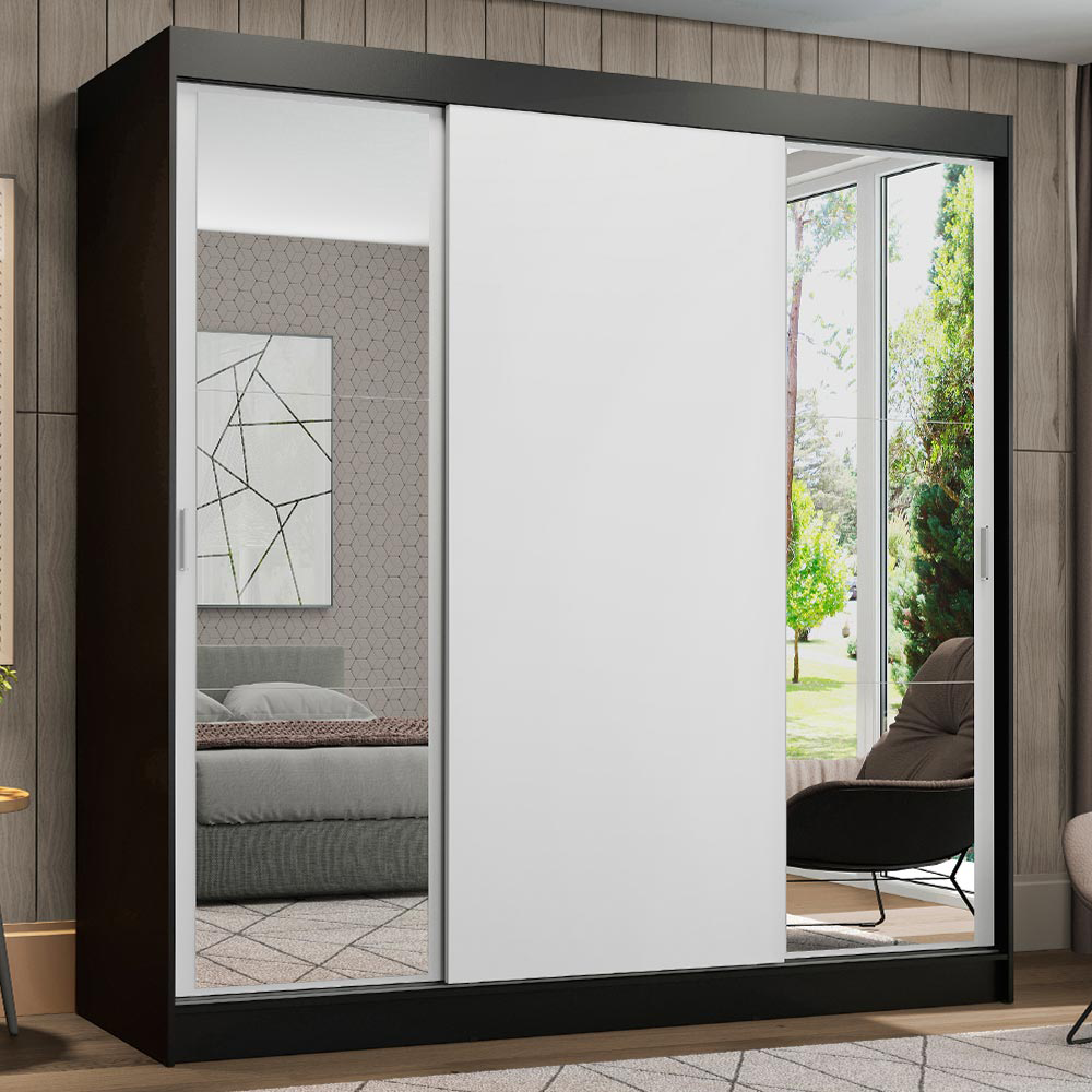 Guarda-Roupa Casal Madesa Reno 3 Portas de Correr com Espelhos Preto/Branco
