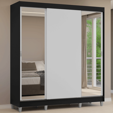 Guarda-Roupa Casal com Pés 3 Portas de Correr com Espelhos Preto/Branco Reno Madesa