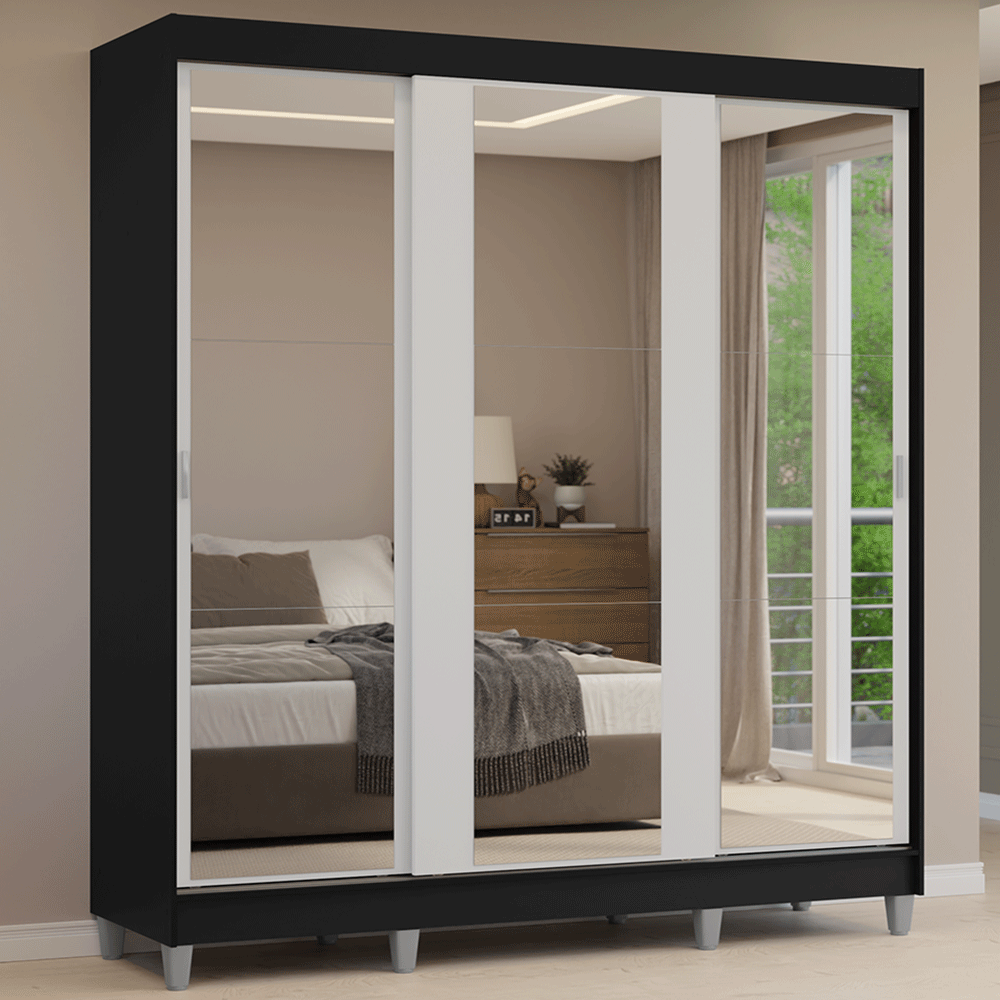 Guarda-Roupa Casal com Pés 3 Portas de Correr de Espelho Preto/Branco Reno Madesa