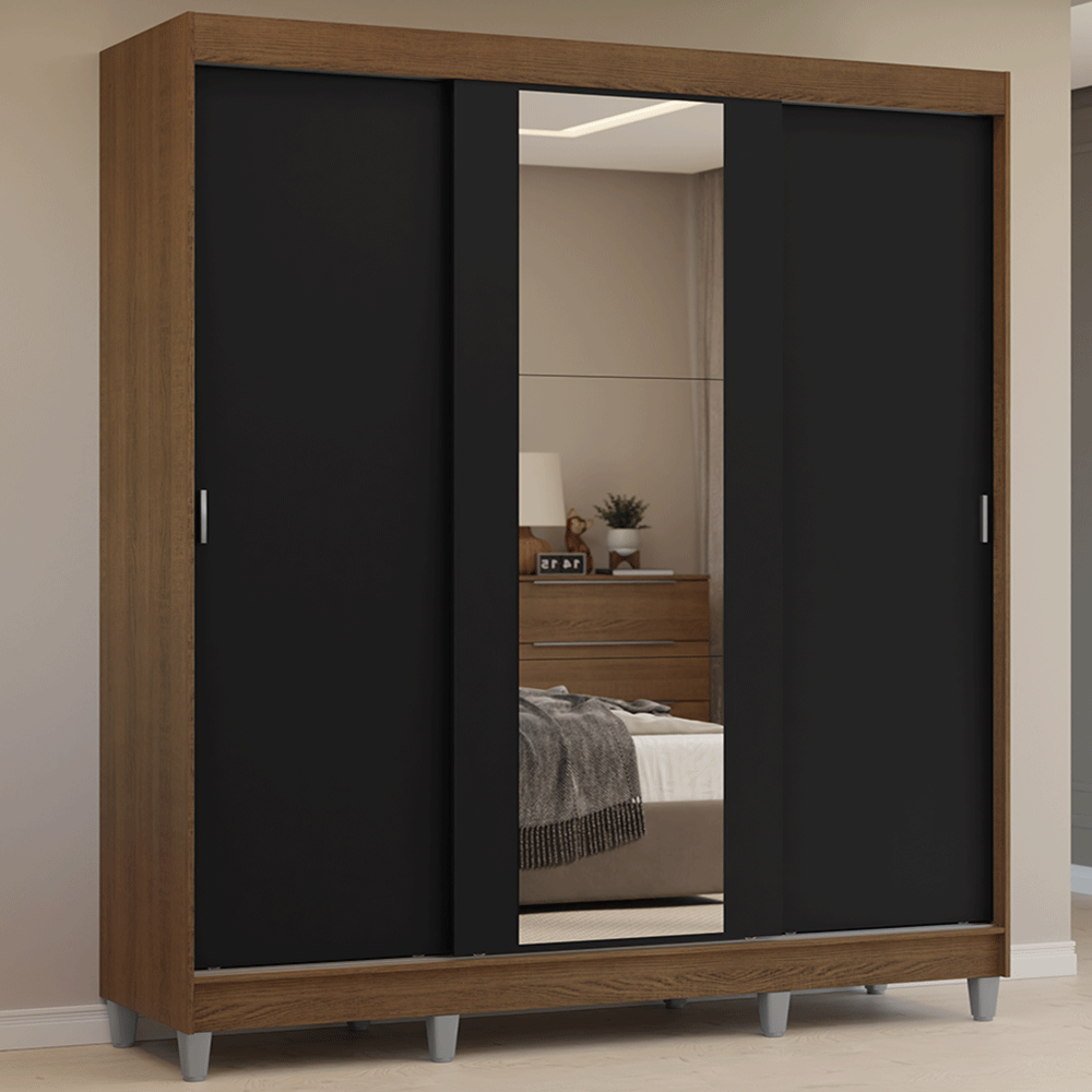 Guarda-Roupa Casal com Pés 3 Portas de Correr com Espelho Rustic/Preto Reno Madesa