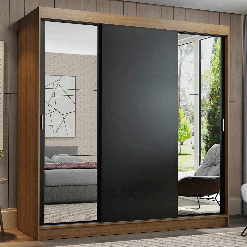 Guarda-Roupa Casal Madesa Reno 3 Portas de Correr com Espelhos Rustic/Preto