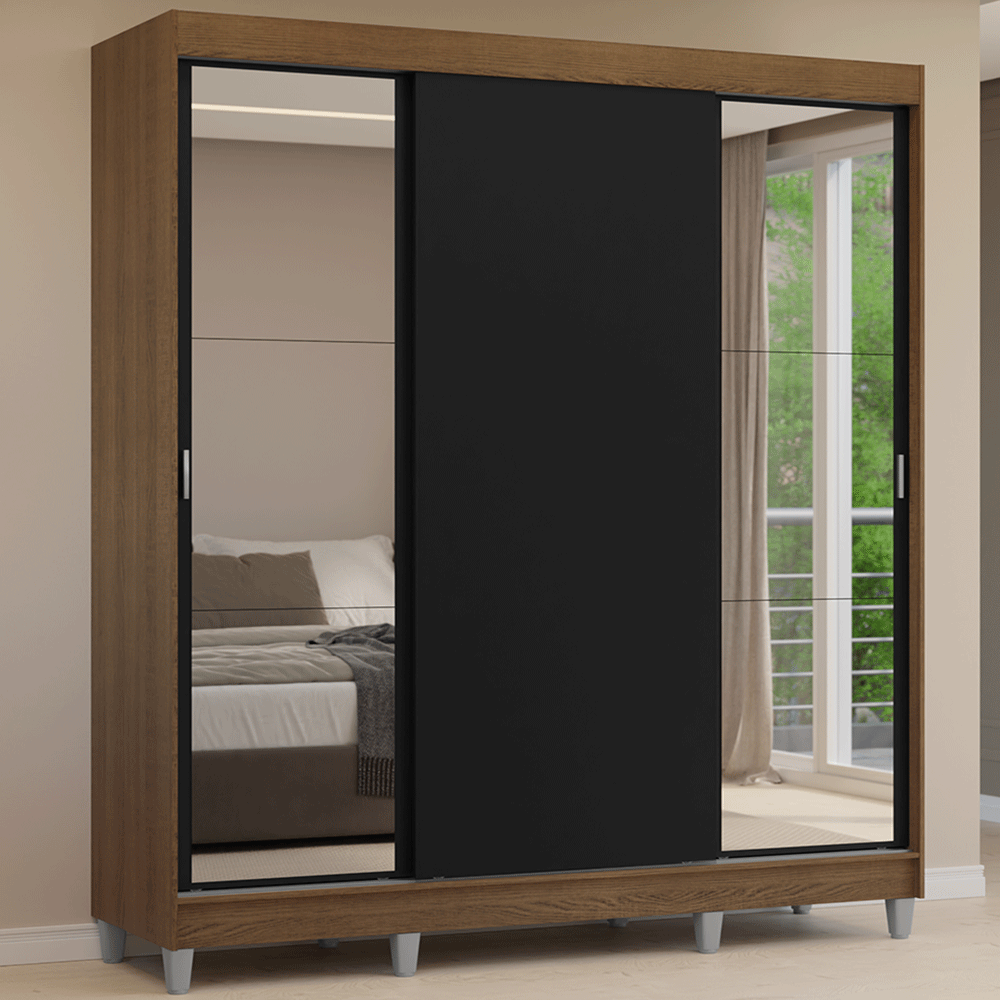 Guarda-Roupa Casal com Pés 3 Portas de Correr com Espelhos Rustic/Preto Reno Madesa